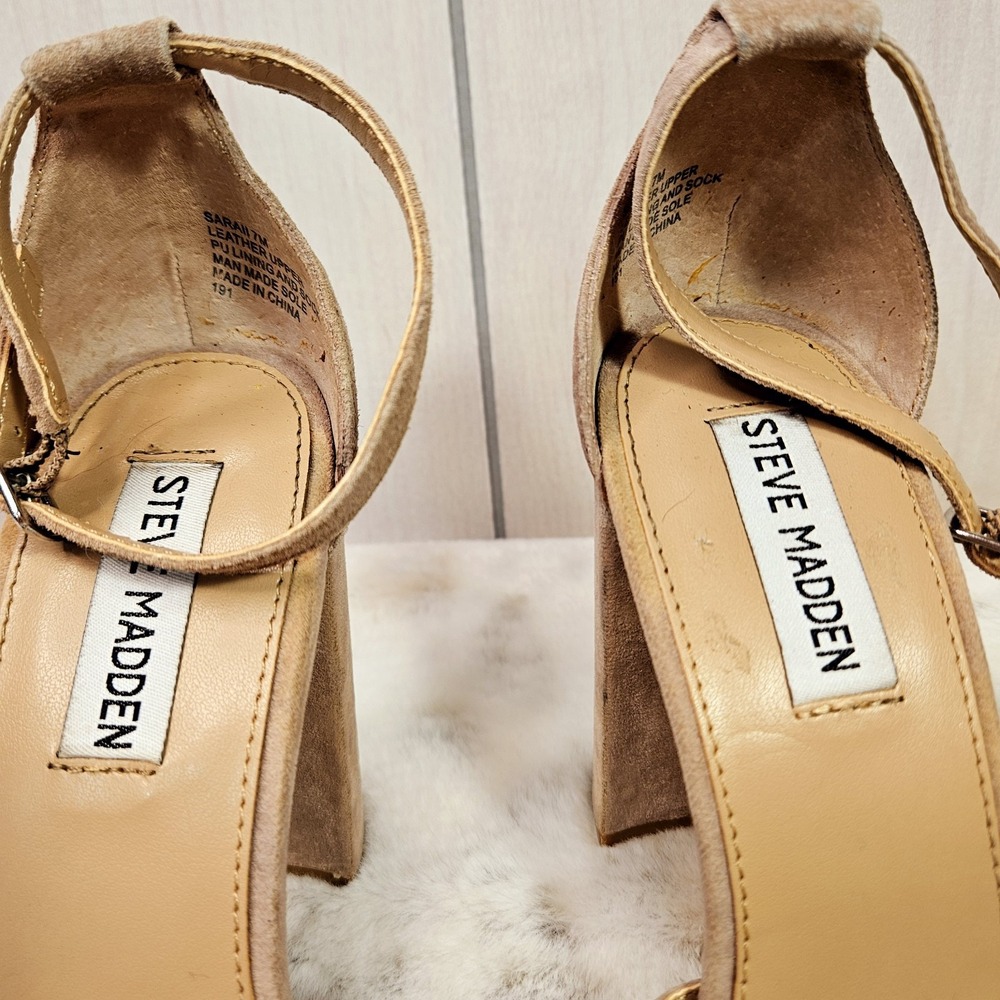 Steve Madden Suede Tan Heels 7M Sarall Open Toes Ankle Straps Office Core Date‎ - Picture 7 of 13